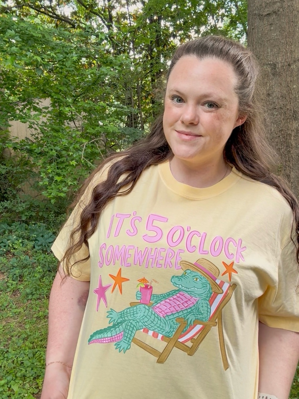 Comfort Colors Pale Yellow Graphic Tee with Green Alligator and Pink Text